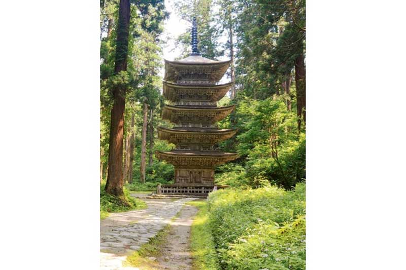杉並木の参道の先に立つ羽黒山五重塔の写真